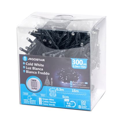 Aigostar - Udendørs LED julelyskæde 300xLED/8 funktioner 15,3m IP44 kold hvid