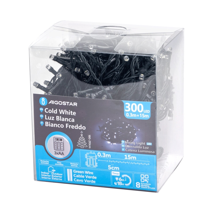 Aigostar - Udendørs LED julelyskæde 300xLED/8 funktioner 15,3m IP44 kold hvid