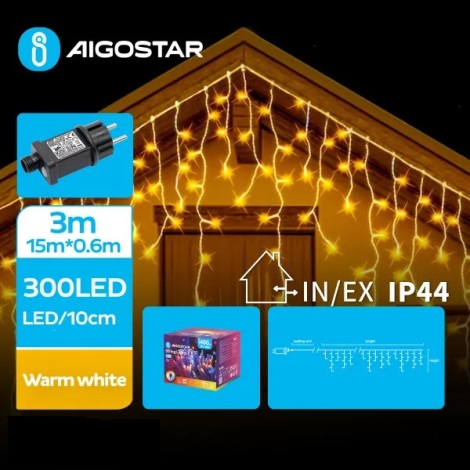 Aigostar - Udendørs LED julelyskæde 300xLED/8 funktioner 18x0,6 m IP44 varm hvid