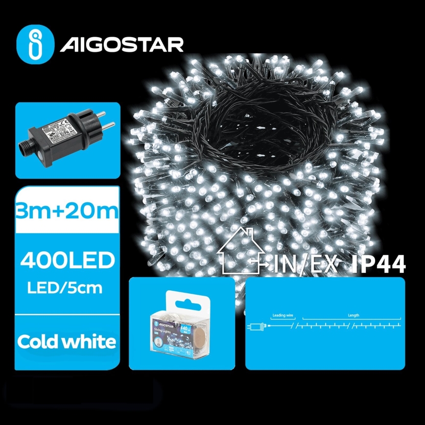 Aigostar - Udendørs LED julelyskæde 400xLED/8 funktioner 23m IP44 kold hvid