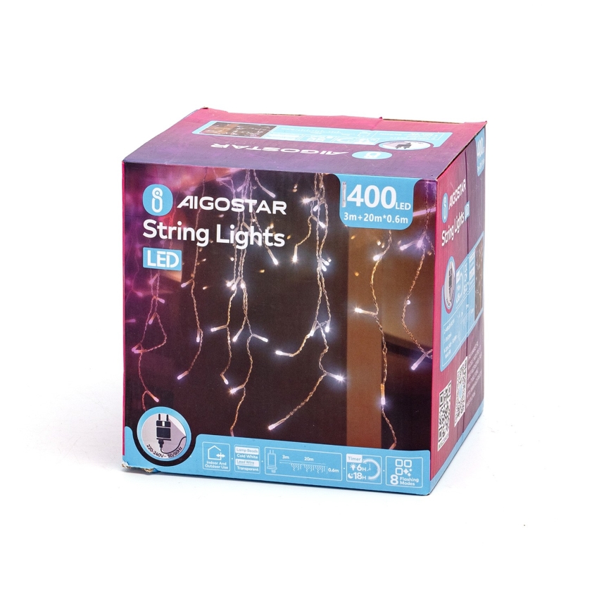 Aigostar - Udendørs LED julelyskæde 400xLED/8 funktioner 23x0,6m IP44 kold hvid