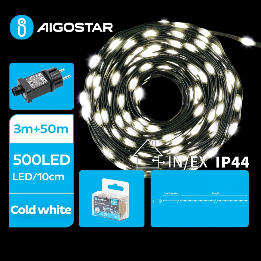 Aigostar - Udendørs LED julelyskæde 500xLED/8 funktioner 53m IP44 kold hvid