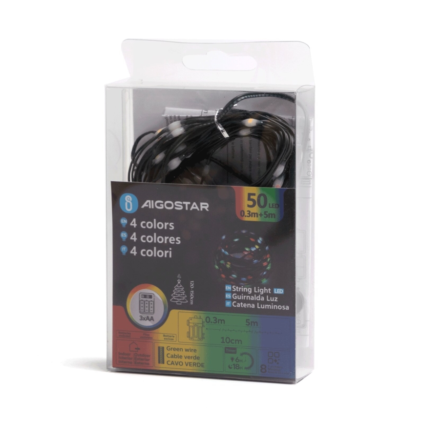 Aigostar - Udendørs LED julelyskæde 50xLED/8 funktioner 3xAA 5,3m IP44 flerfarvet