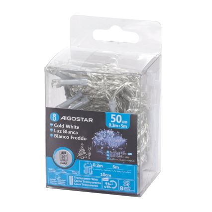 Aigostar -Udendørs LED julelyskæde 50xLED/8 funktioner 3xAA 5,3m IP44 kold hvid