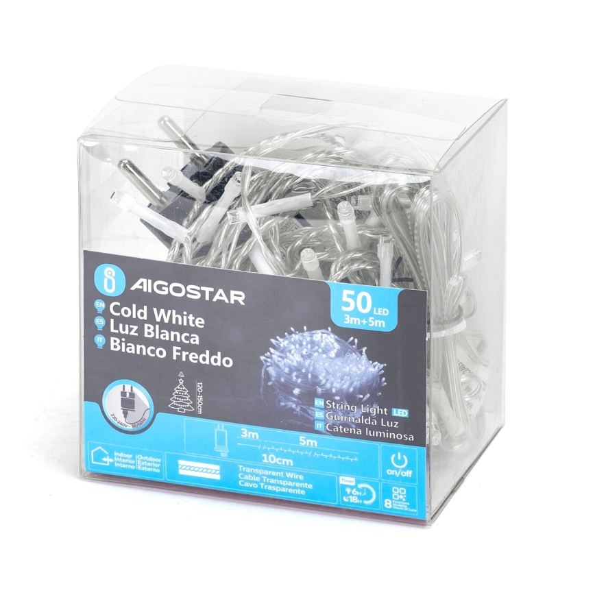 Aigostar - Udendørs LED julelyskæde 50xLED/8 funktioner 8m IP44 kold hvid