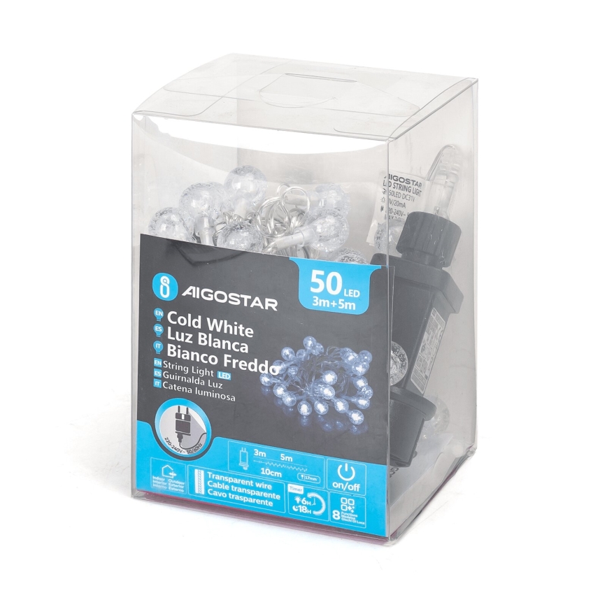 Aigostar - Udendørs LED julelyskæde 50xLED/8 funktioner 8m IP44 kold hvid