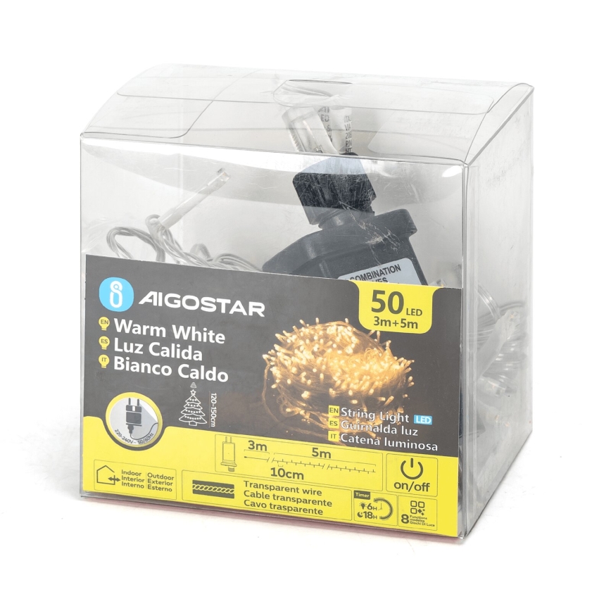 Aigostar - Udendørs LED julelyskæde 50xLED/8 funktioner 8m IP44 varm hvid