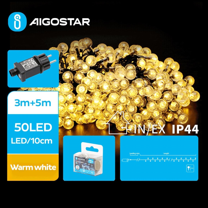 Aigostar - Udendørs LED julelyskæde 50xLED/8 funktioner 8m IP44 varm hvid