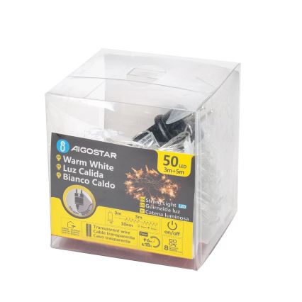 Aigostar - Udendørs LED julelyskæde 50xLED/8 funktioner 8m IP44 varm hvid