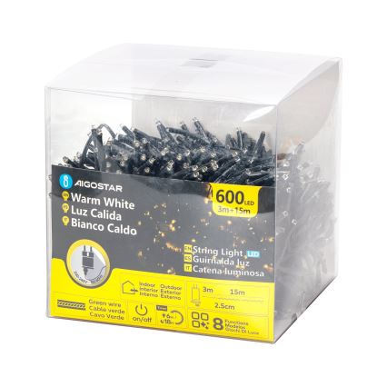 Aigostar - Udendørs LED julelyskæde 600xLED/8 funktioner 18 m IP44 varm hvid
