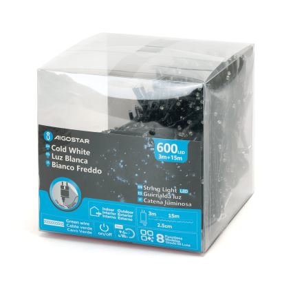 Aigostar - Udendørs LED julelyskæde 600xLED/8 funktioner 18m IP44 kold hvid