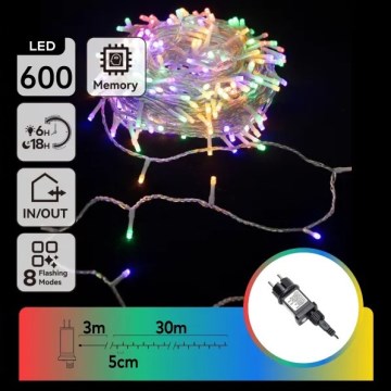 Aigostar - Udendørs LED julelyskæde 600xLED/8 funktioner 30m IP44 multifarvet