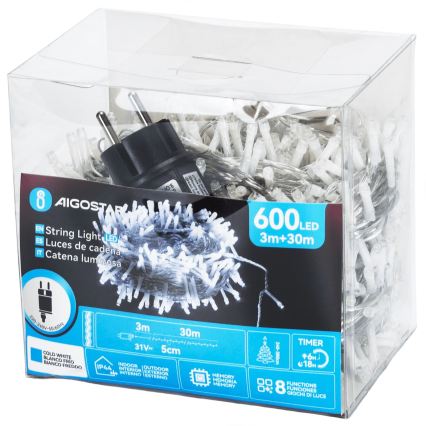 Aigostar - Udendørs LED julelyskæde 600xLED/8 funktioner 33m IP44 kold hvid