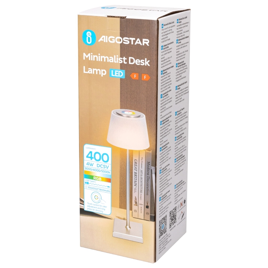 Aigostar - Udendørs LED lampe m. RGBW-farver dæmpbar og genopladelig LED/4W/5V 3600mAh hvid/mat krom IP54