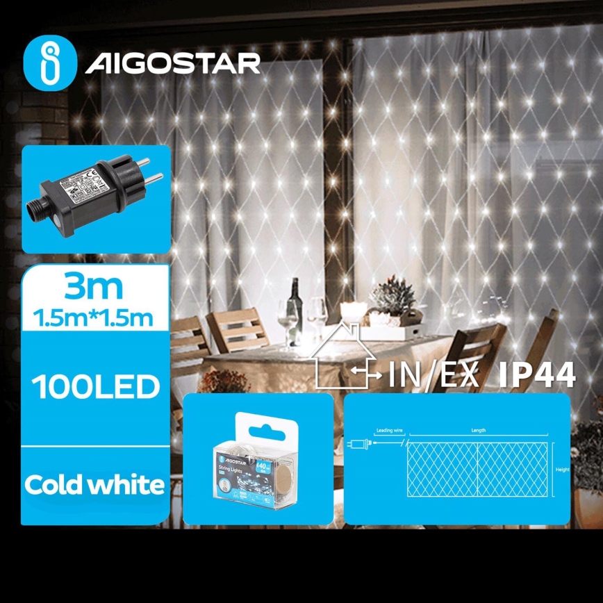 Aigostar - Udendørs LED lyskæde 100xLED/8 funktioner 4,5x1,5m IP44 kold hvid