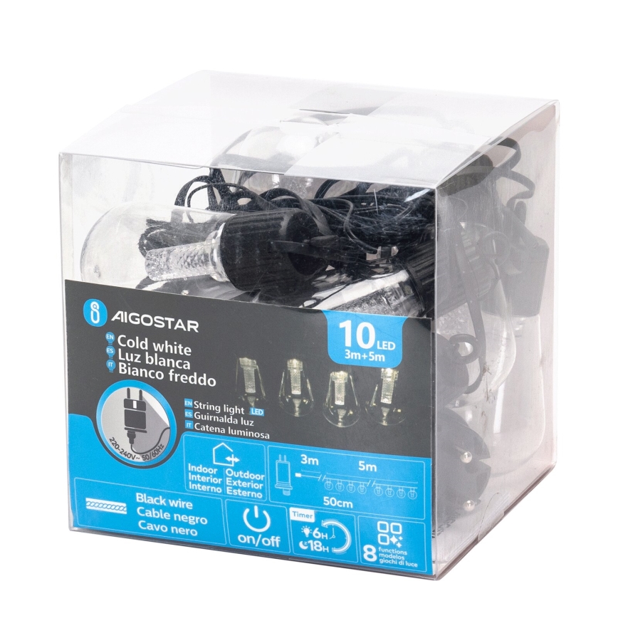 Aigostar - Udendørs LED lyskæde 10xLED/8m IP44 kold hvid