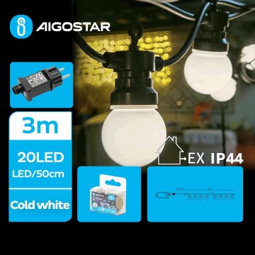 Aigostar - Udendørs LED lyskæde 20xLED/3m IP44 kold hvid