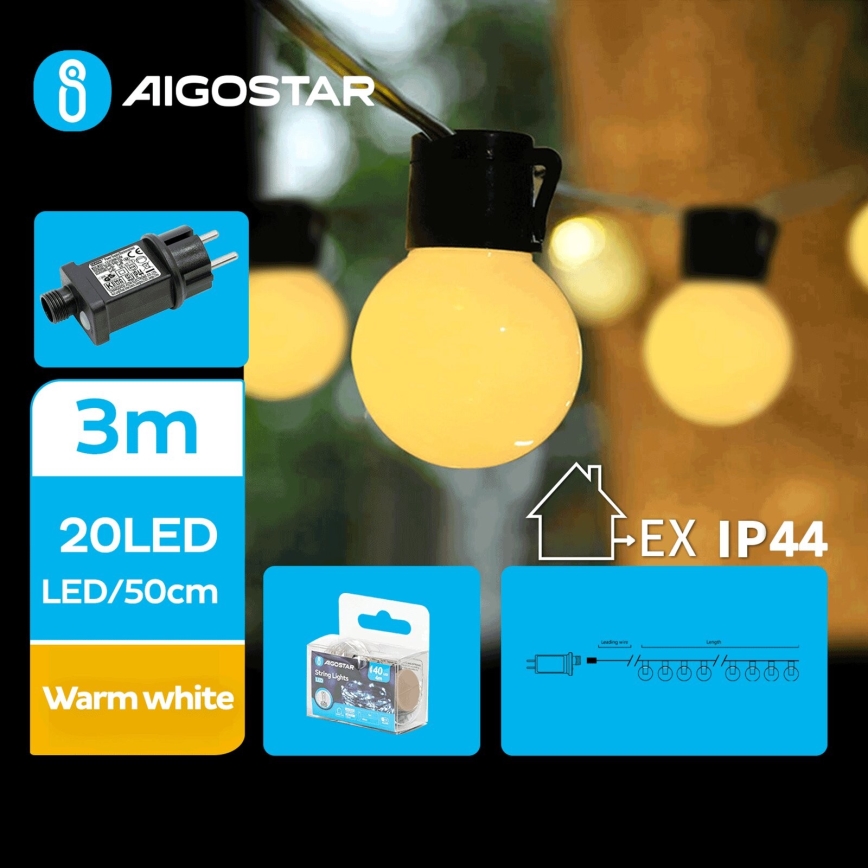 Aigostar - Udendørs LED lyskæde 20xLED/3m IP44 varm hvid