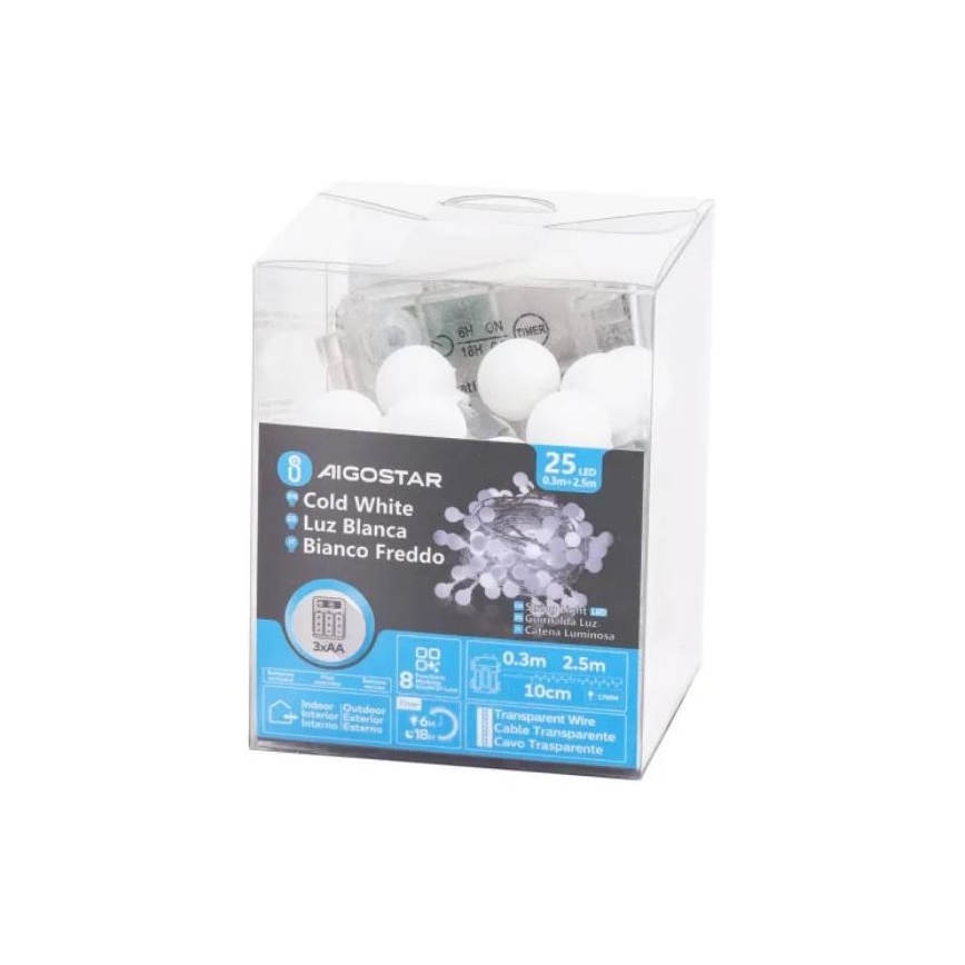 Aigostar - Udendørs LED julelyskæde 25xLED/3xAA/8 funktioner 2,8 m IP44 kold hvid