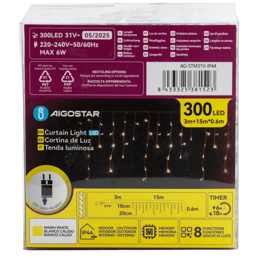 Aigostar - Udendørs LED lyskæde 75xLED/6W/230V 15x0,6 m IP44 varm hvid