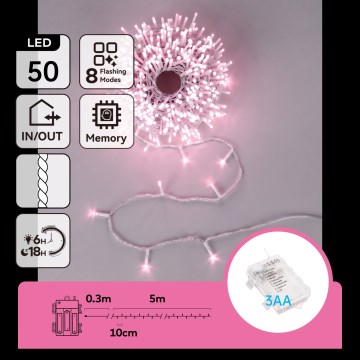 Aigostar - Udendørs LED-lyskæde til jul, 50 LED / 8 funktioner, 3xAA, 5,3 m, IP44, lyserød