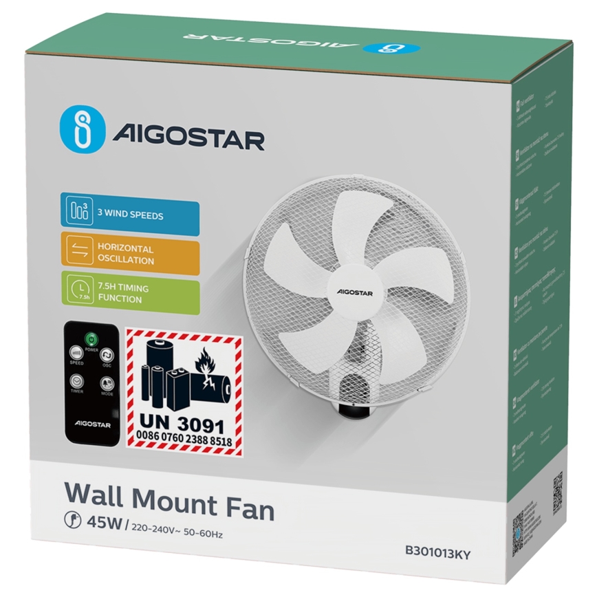 Aigostar -  Vægventilator 45W/230V hvid + fjernbetjening