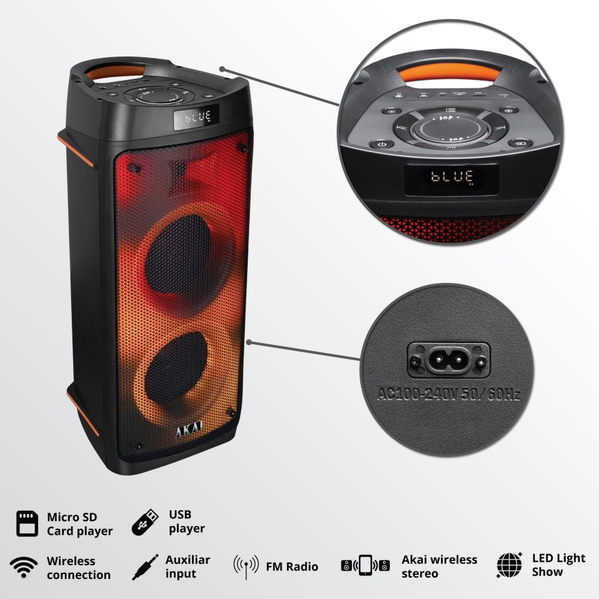 AKAI PARTY BOX 810 - Trådløs højttaler 65W/230V 5000 mAh + fjernbetjening