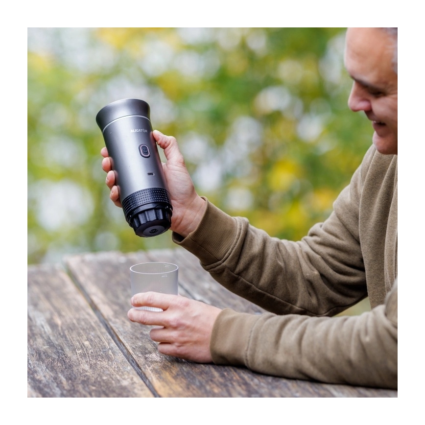 Aligator ACM002 - PortaCaffé 3-i-1 genopladelig rejsekaffemaskine 72 W/7500 mAh grå