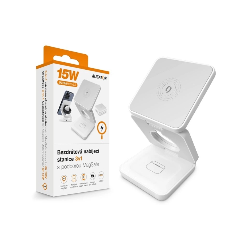 Aligator AMS09WT - Trådløs opladningsstation MagSafe 3-i-1 15W hvid