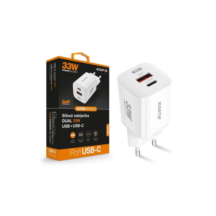 Aligator CHPD0020 - Hurtigoplader GaN Power Delivery 33 W USB-A + USB-C, hvid