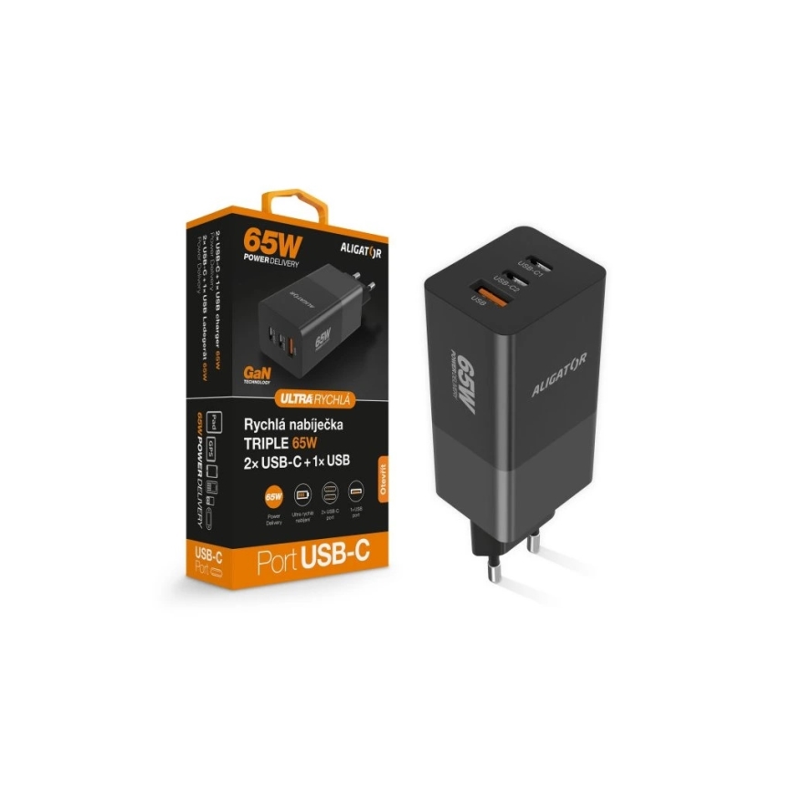 Aligator CHPD0027 - Hurtigoplader GaN med Power Delivery 65W 2x USB-C + USB-A, sort