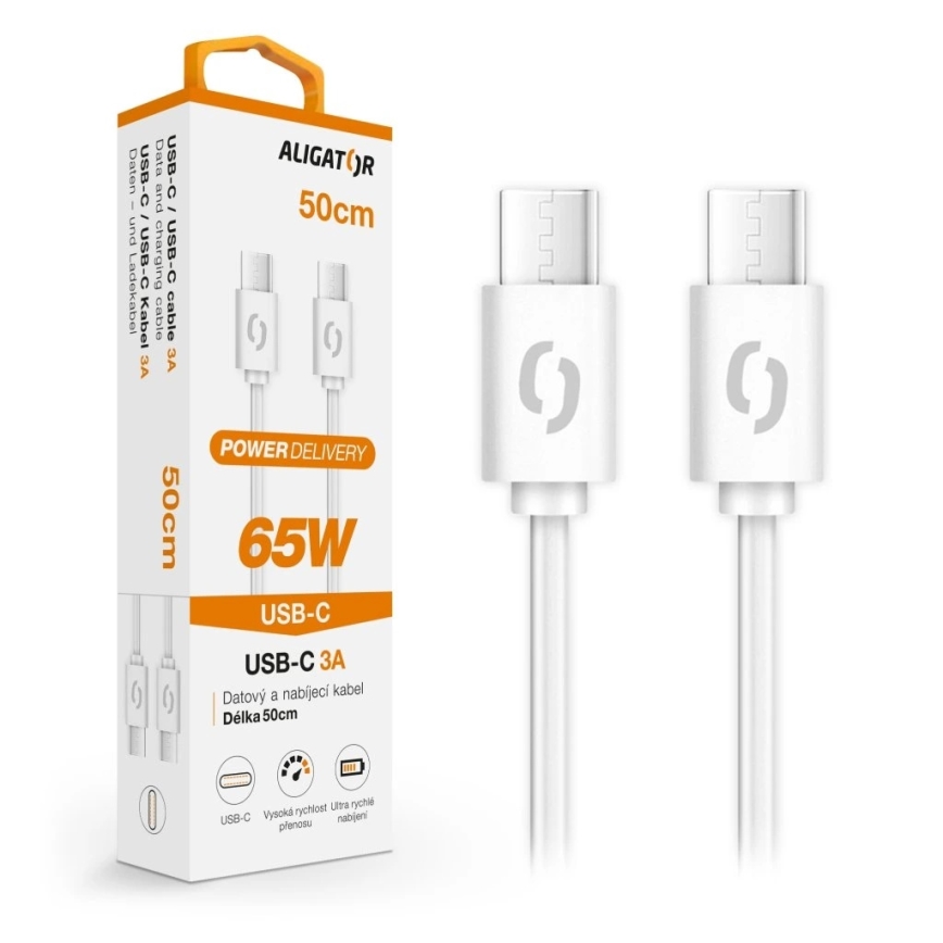 Aligator DATKP55 - USB kabel USB-C / USB-C 65W Power Delivery 0,5m hvid