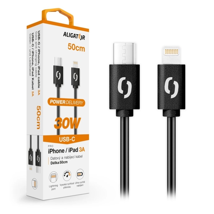 Aligator DATKP56 - USB-kabel USB-C / Lightning 30 W Power Delivery 0,5 m sort