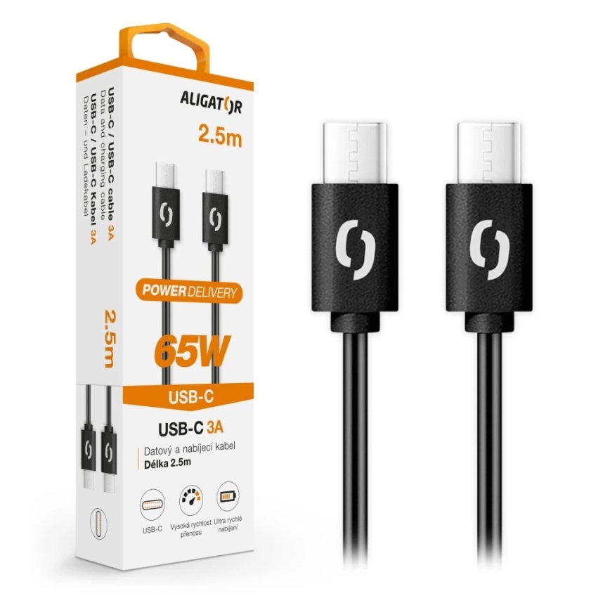 Aligator DATKP58 - USB-kabel USB-C/USB-C 65 W Power Delivery 2,5 m sort