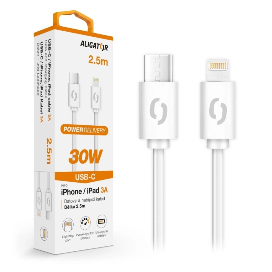 Aligator DATKP61 - USB-kabel USB-C/Lightning, 30 W Power Delivery, 2,5 m, hvid