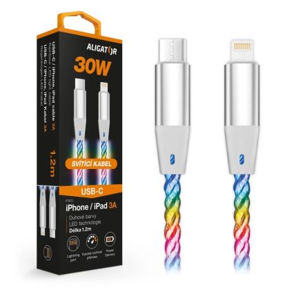 Aligator DATKP63 - USB kabel USB-C / Lightning med LED-belysning 30W Power Delivery 1,2m