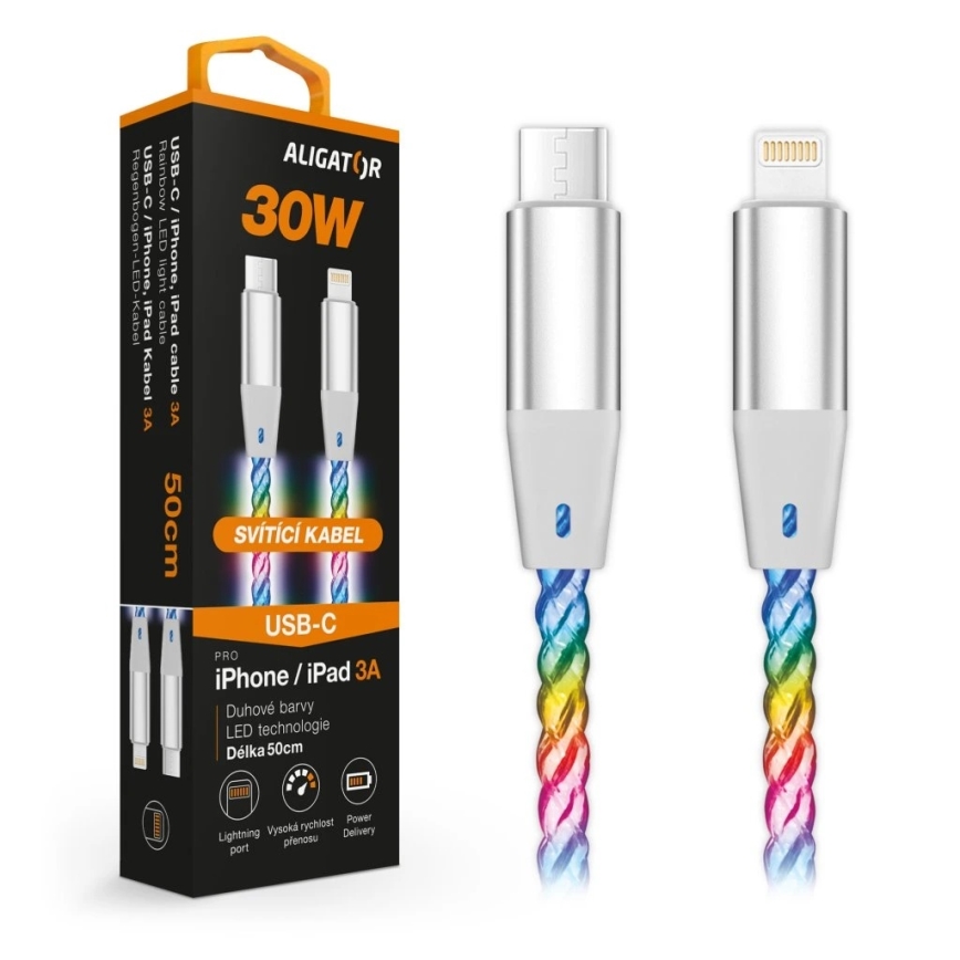 Aligator DATKP65 - USB-kabel USB-C / Lightning med LED-lys, 30 W Power Delivery, 0,5 m