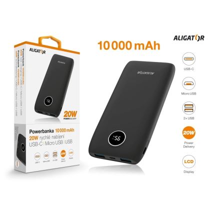 Aligator PBPD10BK - Powerbank med LCD-display Power Delivery 10000 mAh/20W/3,7V sort