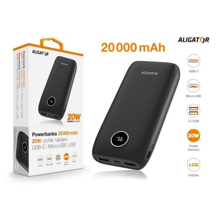 Aligator PBPD20BK - Powerbank med LCD-display, Power Delivery 20000 mAh/20W/3,7V, sort