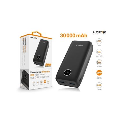 Aligator PBPD30BK - powerbank med LCD-display Power Delivery 30000 mAh/20W/3,7V sort