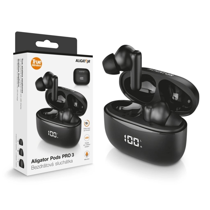 Aligator TWS06 - Trådløse ørepropper Pods PRO 3 200 mAh + 2x 30 mAh IP30 sort