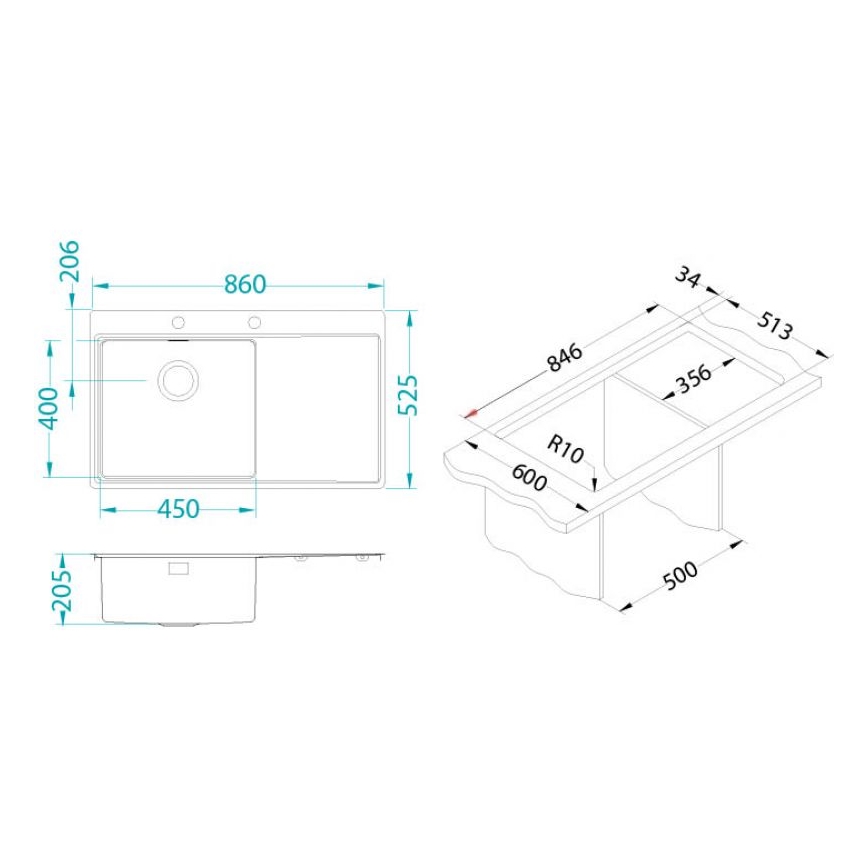 ALVEUS 1103652 - Køkkenvask PURE 86x52,5 cm satin, venstre