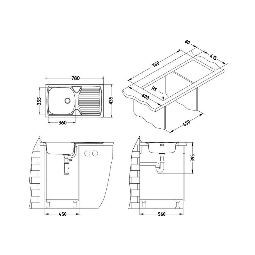 ALVEUS 1136534 - Køkkenvask BASIC 78x43,5 cm mat rustfrit stål/satin, lille afløb