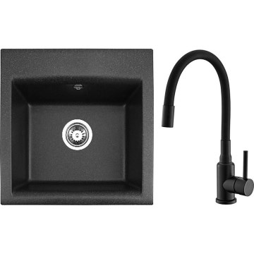 ALVEUS SETA23193 - Køkkenvask ATROX 50x50 cm + armatur med fleksibelt udsug MINTAS 34 cm granit/mat sort