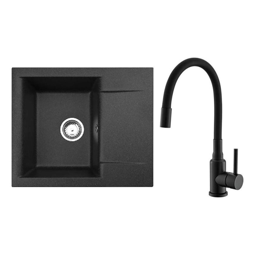 ALVEUS SETA23197 - Køkkenvask CADIT 59 x 50 cm + køkkenarmatur med fleksibelt udtræk MINTAS 34 cm granit/mat sort