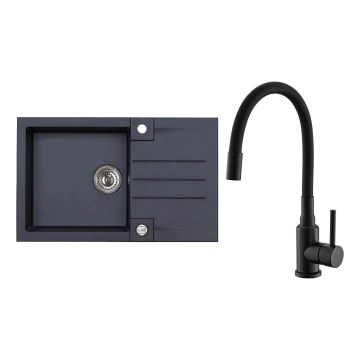 ALVEUS SETA23201 - Køkkenvask ROCK 78x48 cm + armatur med fleksibel tud MINTAS 34 cm granit/mat sort
