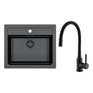 ALVEUS SETA23228 - Køkkenvask ATROX 59x50 cm + armatur med fleksibelt arm MINTAS 34 cm granit/mat sort