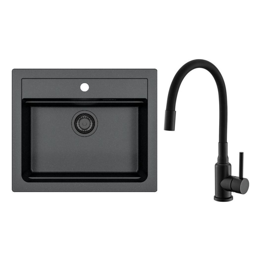 ALVEUS SETA23228 - Køkkenvask ATROX 59x50 cm + armatur med fleksibelt arm MINTAS 34 cm granit/mat sort