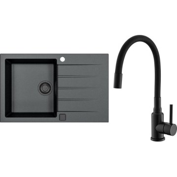 ALVEUS SETA23231 - Køkkenvask CADIT 79x50 cm + armatur med fleksibelt udtræk MINTAS 34 cm granit/mat sort