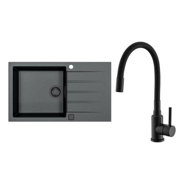 ALVEUS SETA23232 - Køkkenvask CADIT 86x50 cm + armatur med fleksibelt udtræk MINTAS 34 cm granit/mat sort